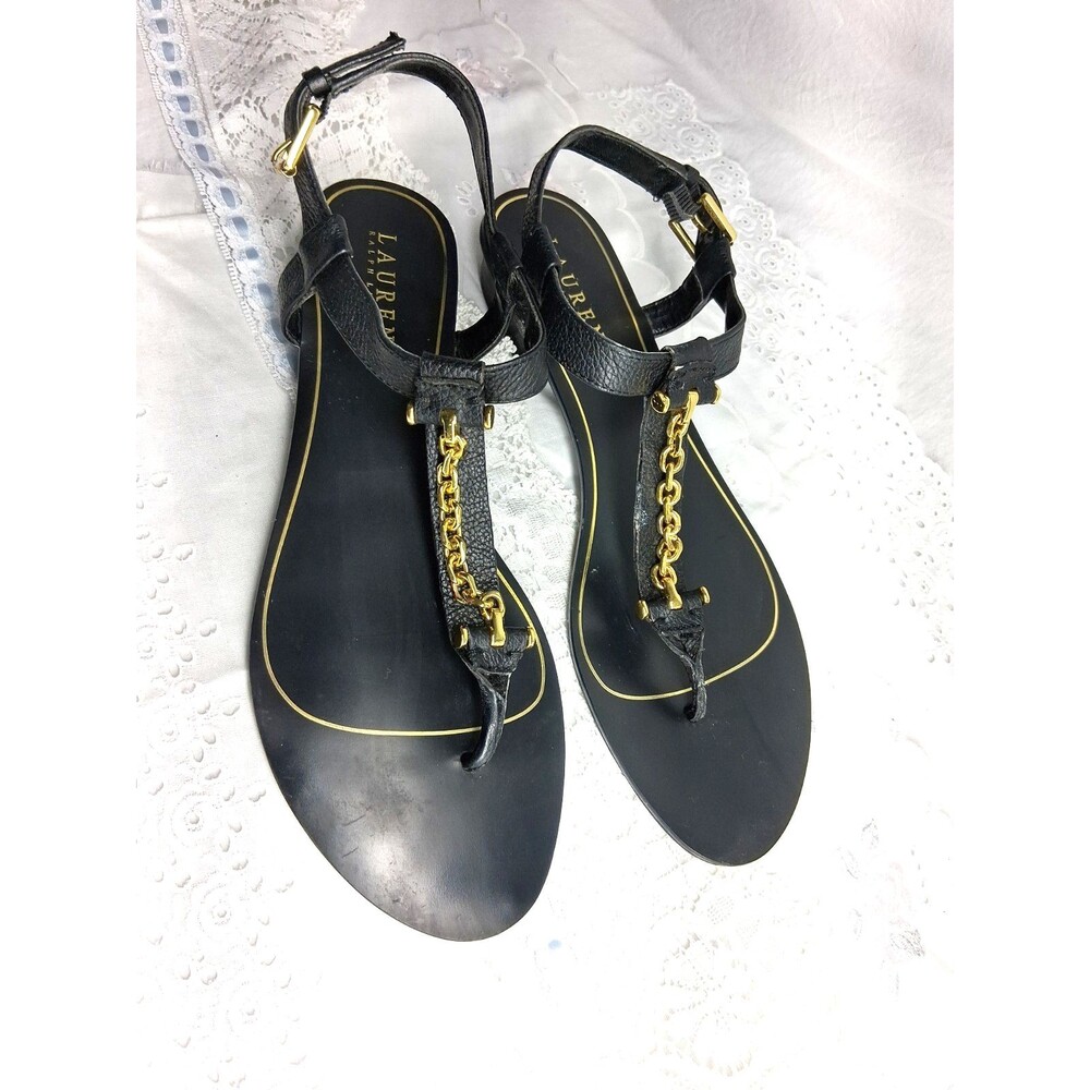 Authentic RALPH LAUREN Black Leather Gold Logo Flat Sandals 10E vacation resort